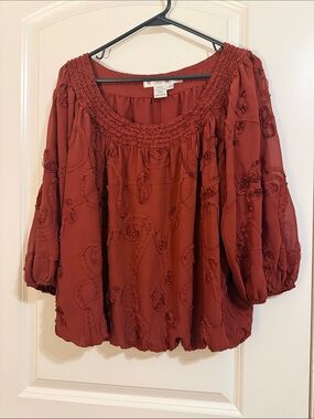 Studio M Brick Red Peasant Blouse with Swirl Appliqué